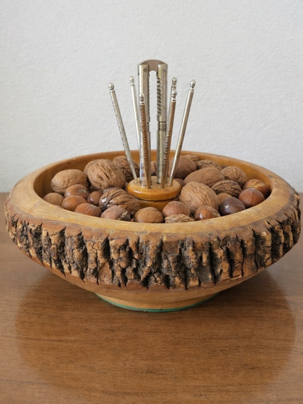 VTG Mid Century Wooden Nut Bowl Set Nutcracker & Picks Live Edge Bark Rustic 50s